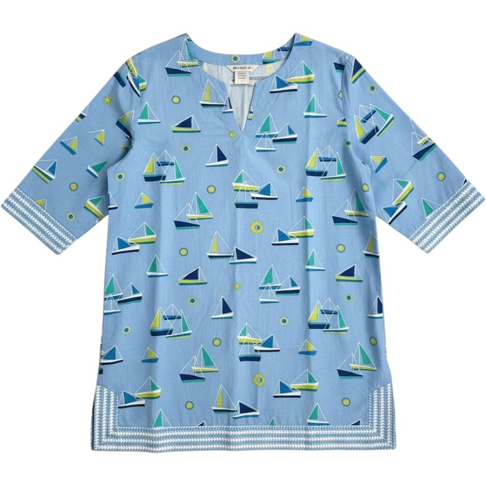 NWT The Company Store Cotton Sailboat Print Tunic‎ L Blue Novelty Nautical Shirt